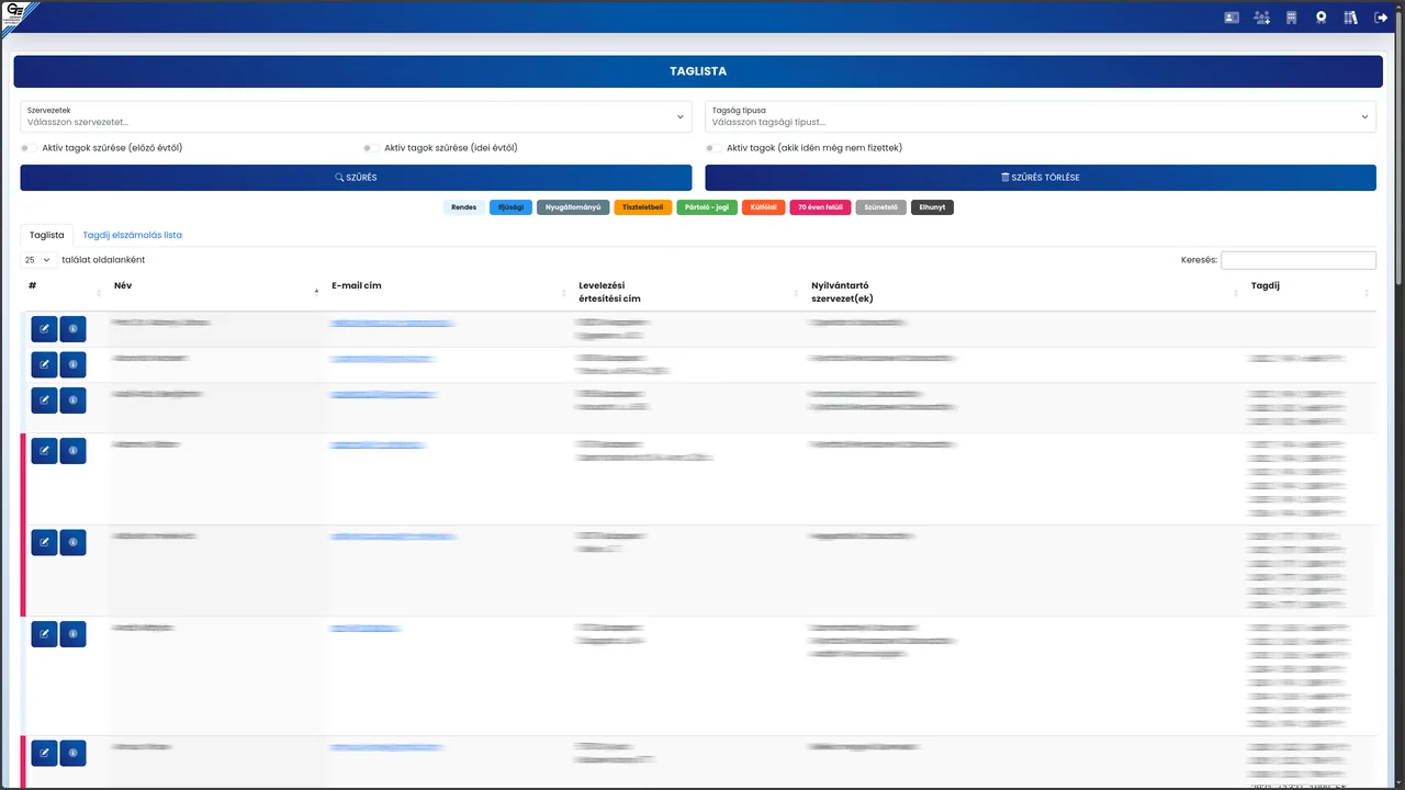 GTE Tagnyilvántartó rendszer – taglista felülete