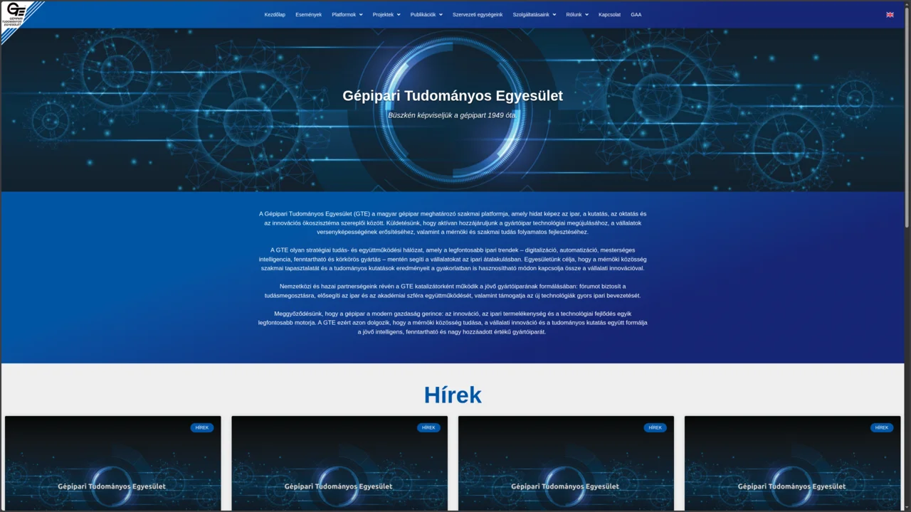 GTE Weboldal – szakmai portál felülete
