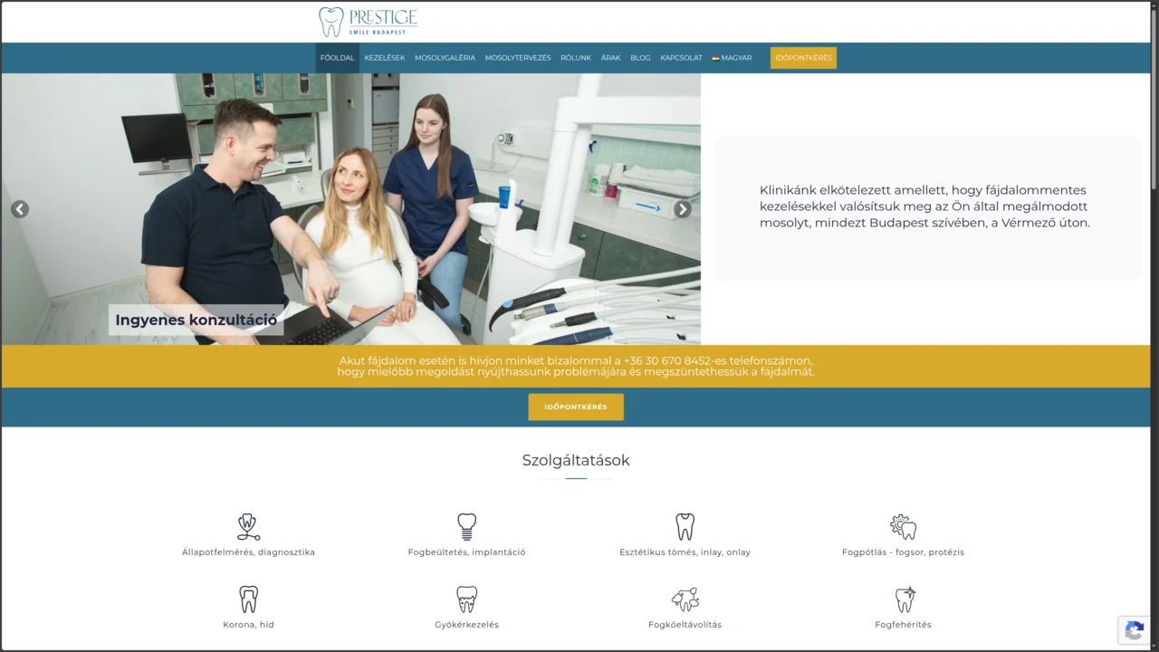Prestige Smile Budapest – weboldal felülete