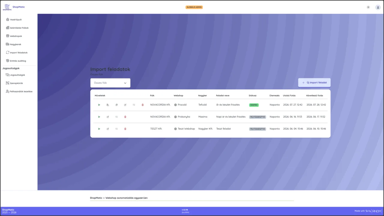 ShopMatic – import feladatok felülete